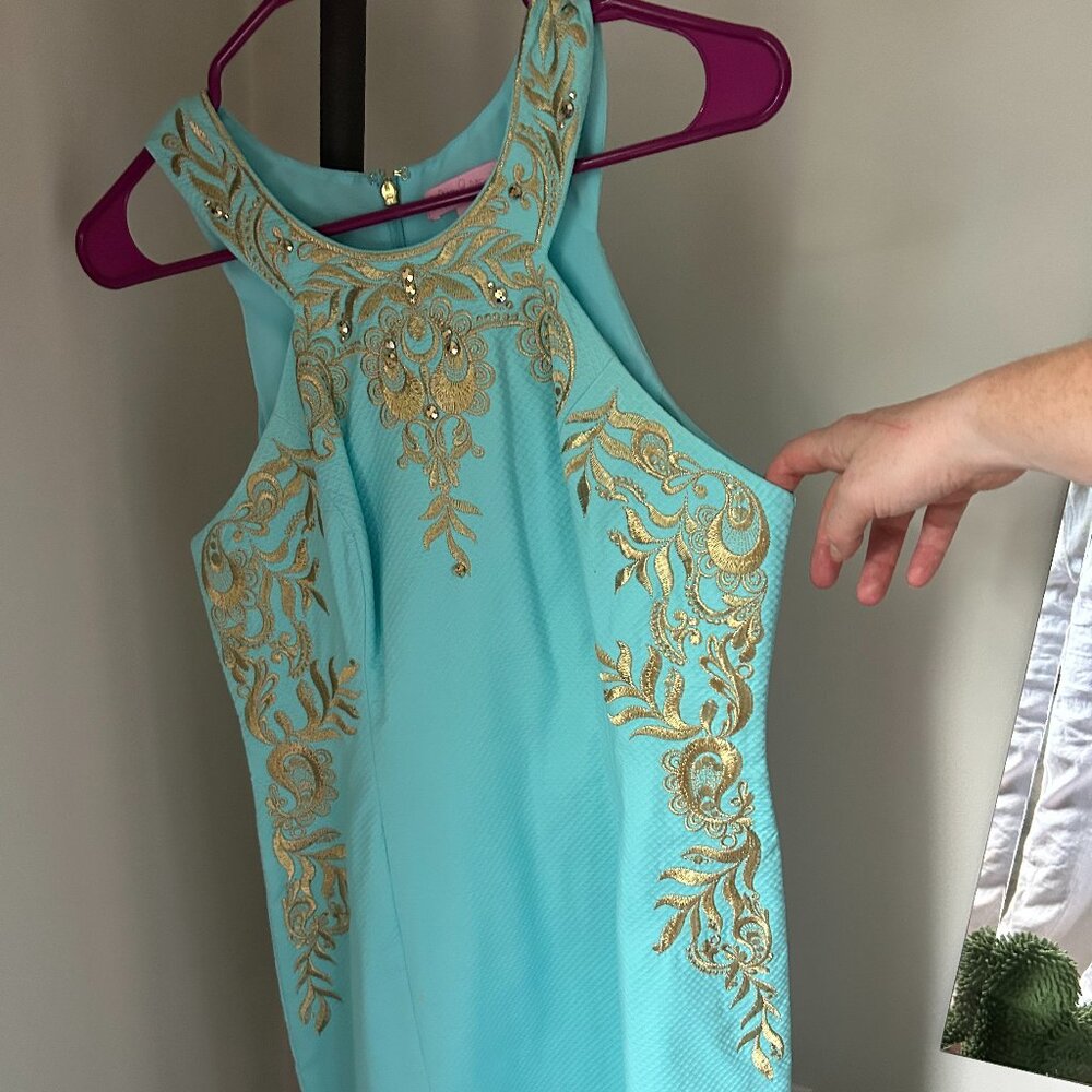 Lilly Pulitzer Tina Stretch Shift Dress Blue Ibiza and Gold Embellishments - 2
